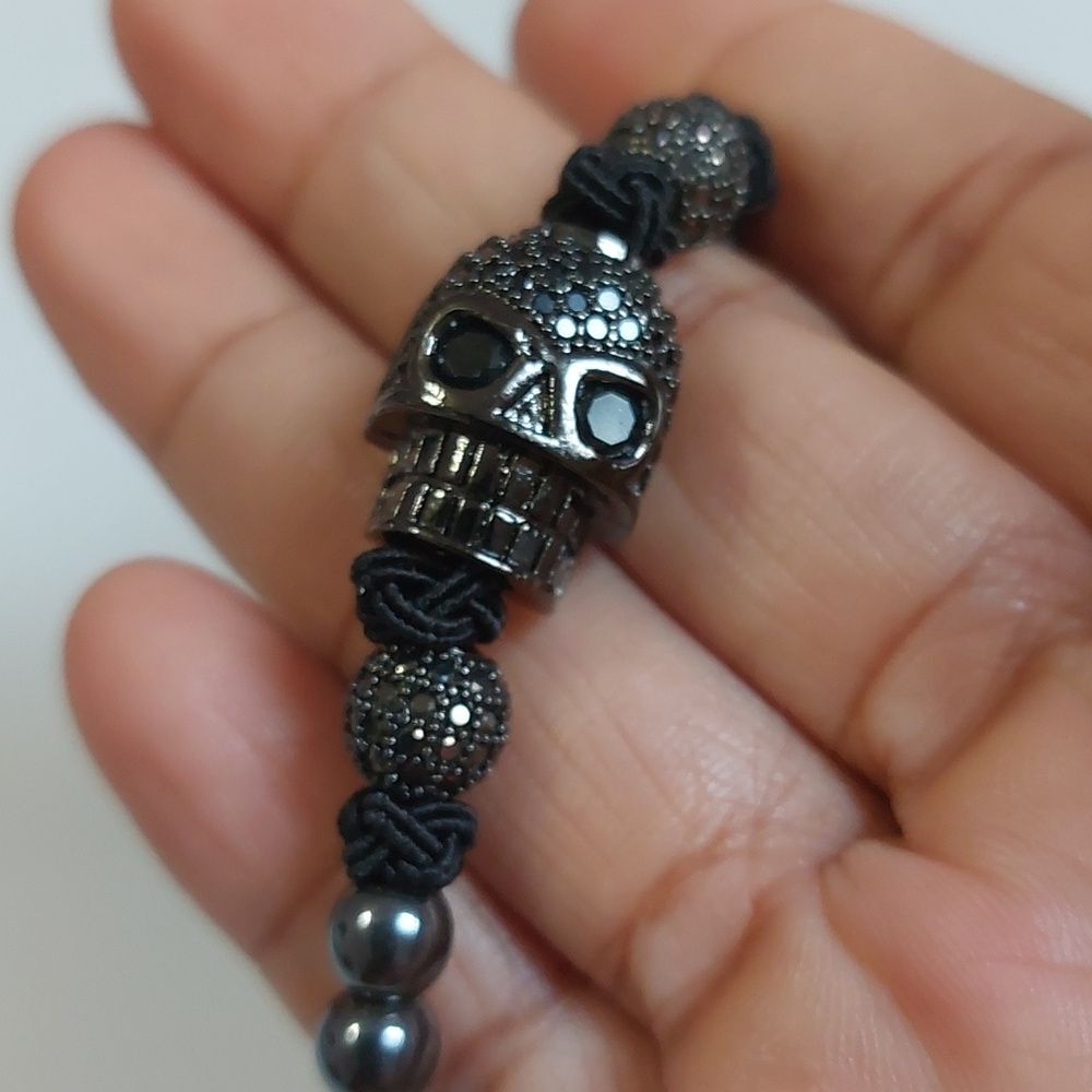 Gothic Skull Black Gunmetal Tone Shamballa Style Bracelet - Picture 3 of 5